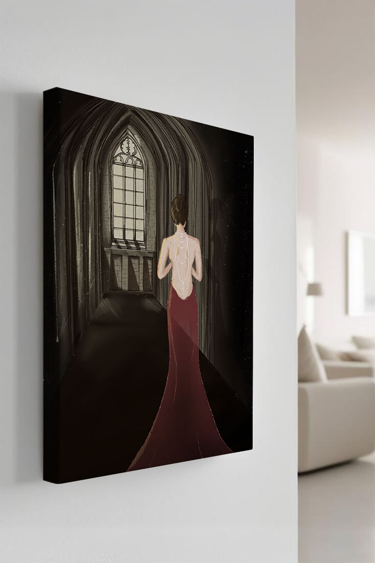 Elegant woman in a red dress inside a gothic hallway