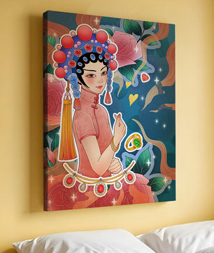Traditional Asian-inspired illustration with jewelry and floral accents