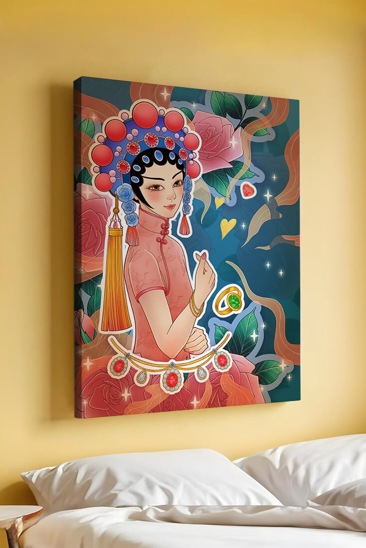 Traditional Asian-inspired illustration with jewelry and floral accents