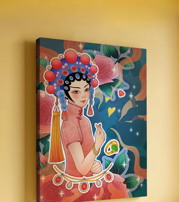 Traditional Asian-inspired illustration with jewelry and floral accents