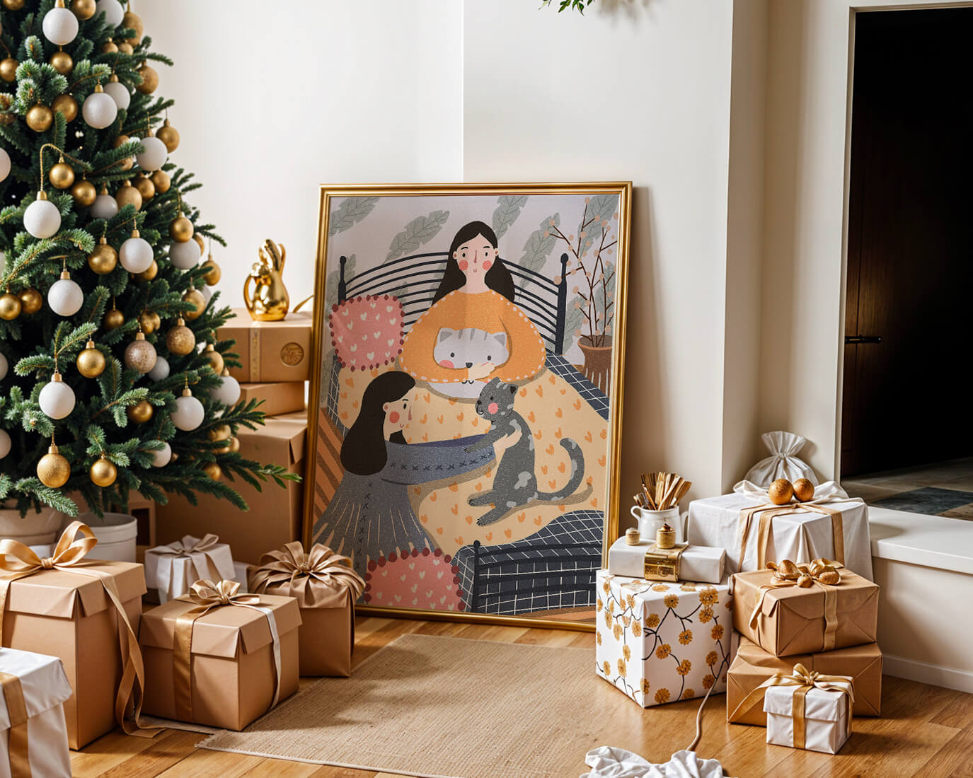 Escena interior acogedora con mujeres, gatos y elementos decorativos