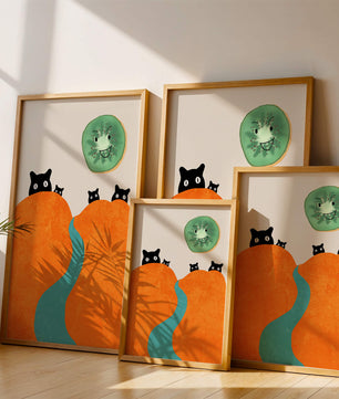 Playful Cats and Smiling Kiwi in Vibrant Hills
