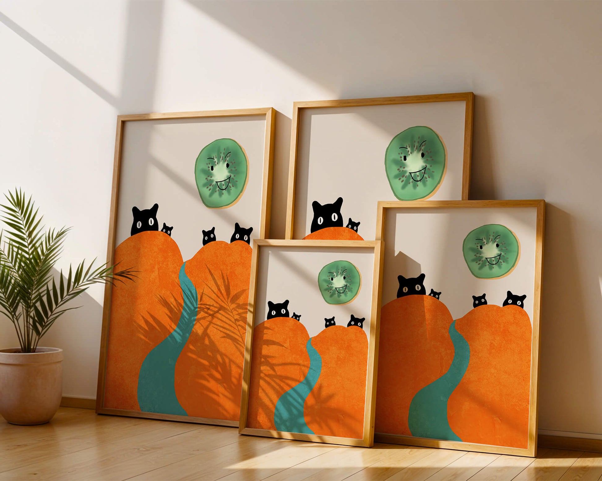 Playful Cats and Smiling Kiwi in Vibrant Hills