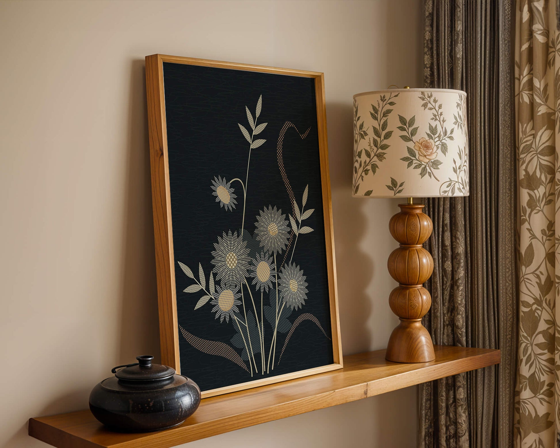 Abstract floral design with intricate patterns on dark background