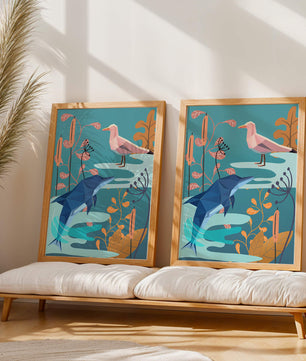 Geometric Dolphin and Seagull with Floral Elements in Abstract Nature