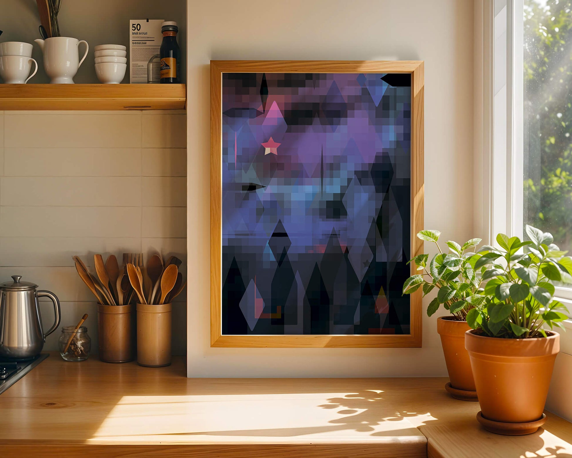 Geometrische abstrakte Kunst in lebhaften Blau- und Lilatönen