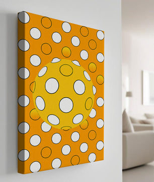 Colorful geometric pattern with white polka dots on orange background