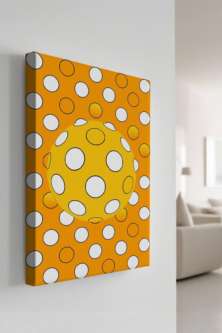 Colorful geometric pattern with white polka dots on orange background