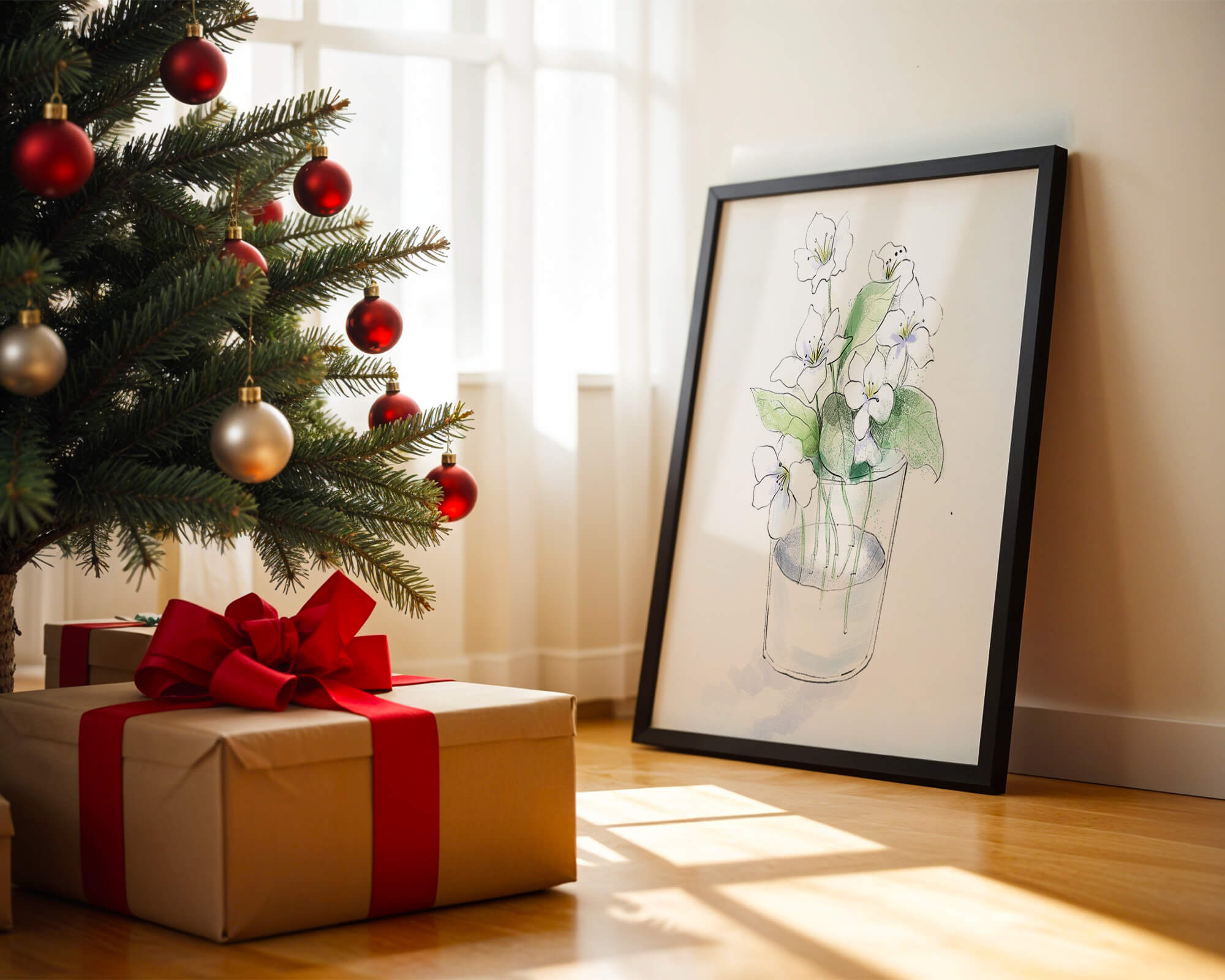 Delicate white flowers in a glass vase illustration