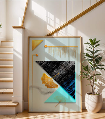 Abstract Composition with Geometric Shapes and Gold Ginkgo Leaves