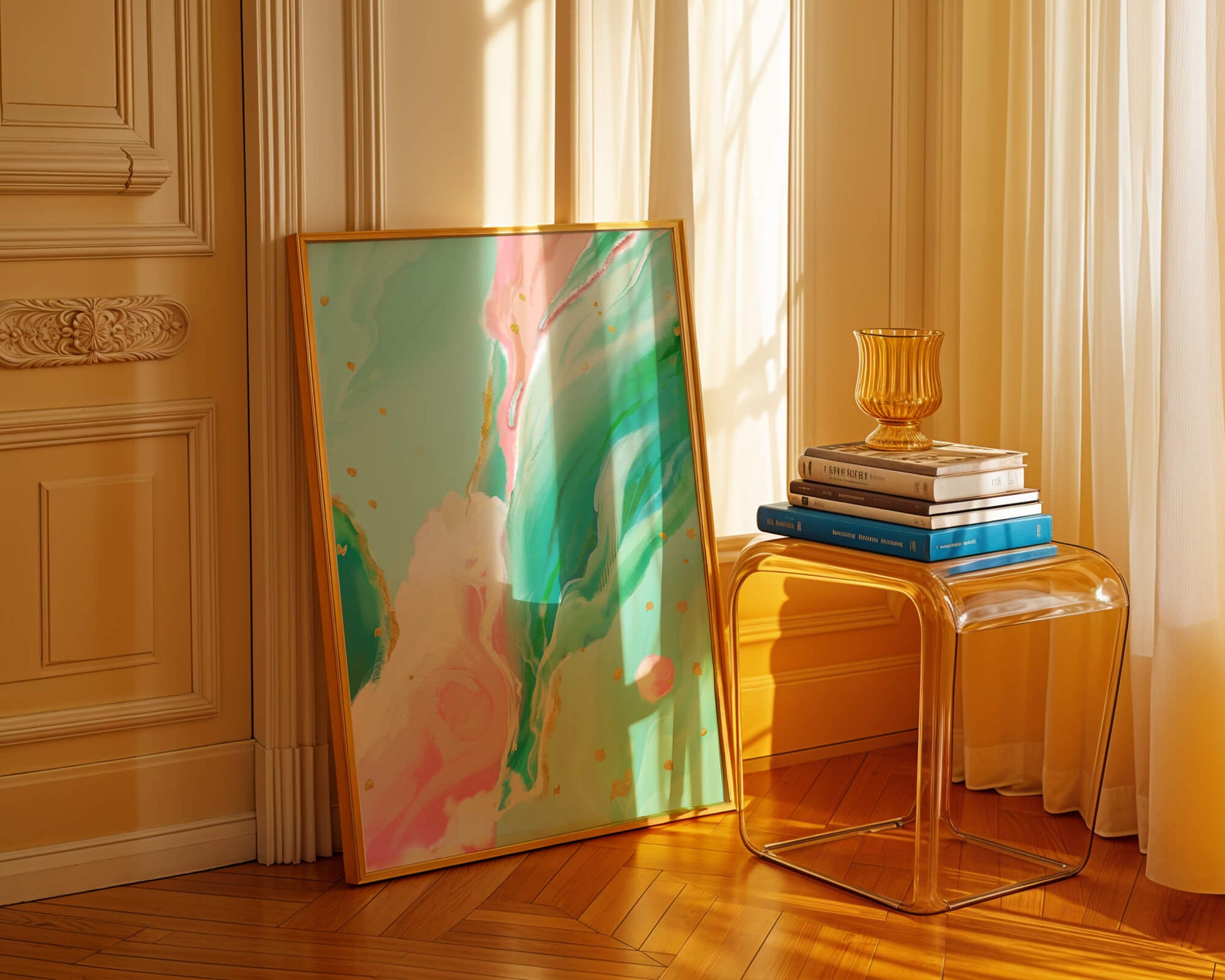 Obra de arte abstracta en pasteles y dorado con patrones fluidos