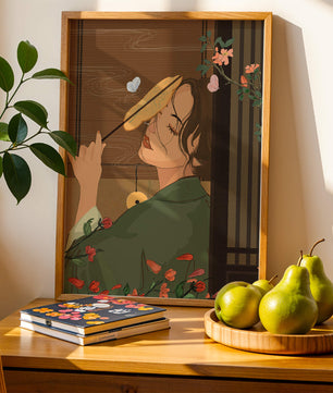 Serene woman with fan surrounded by flowers