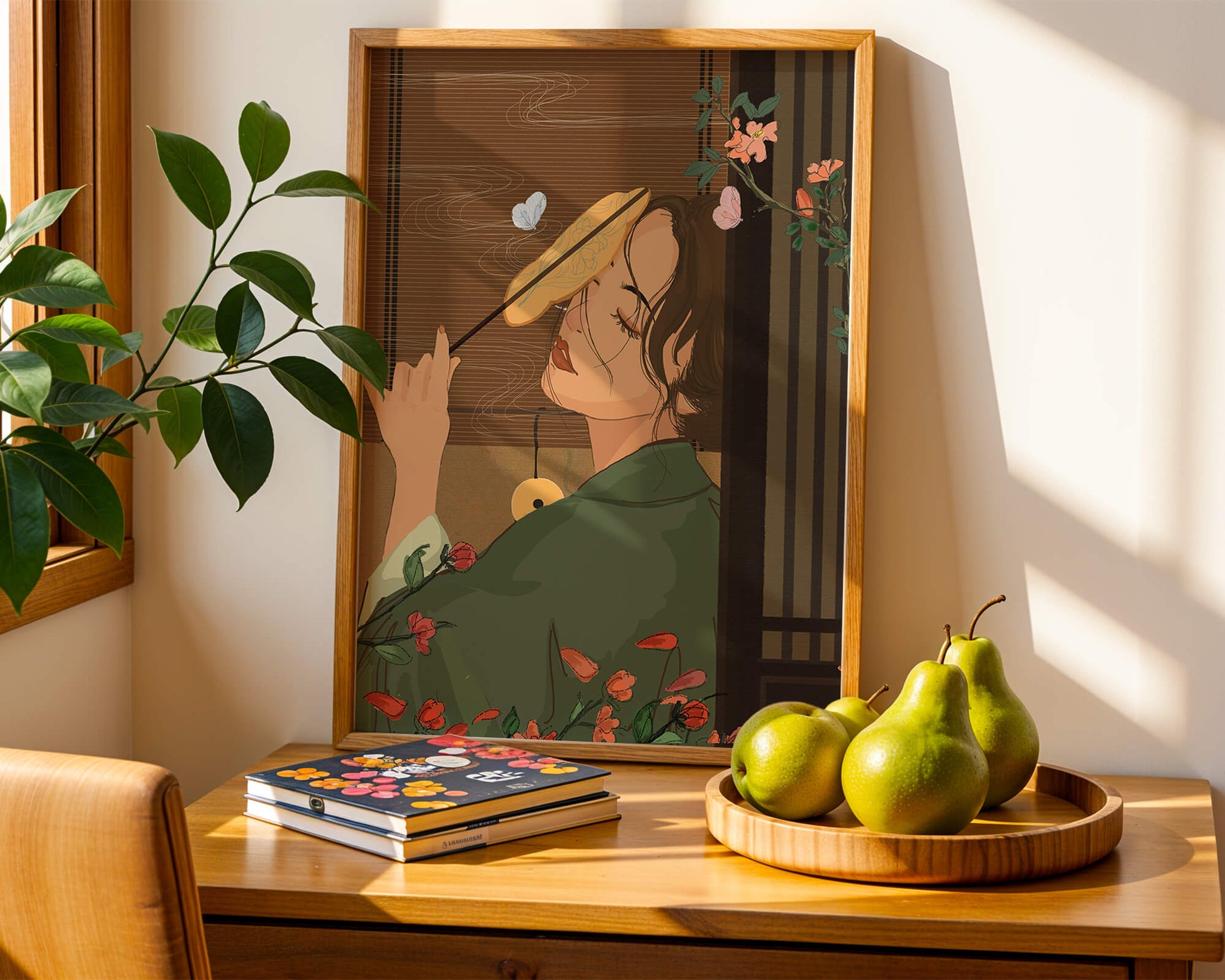 Serene woman with fan surrounded by flowers