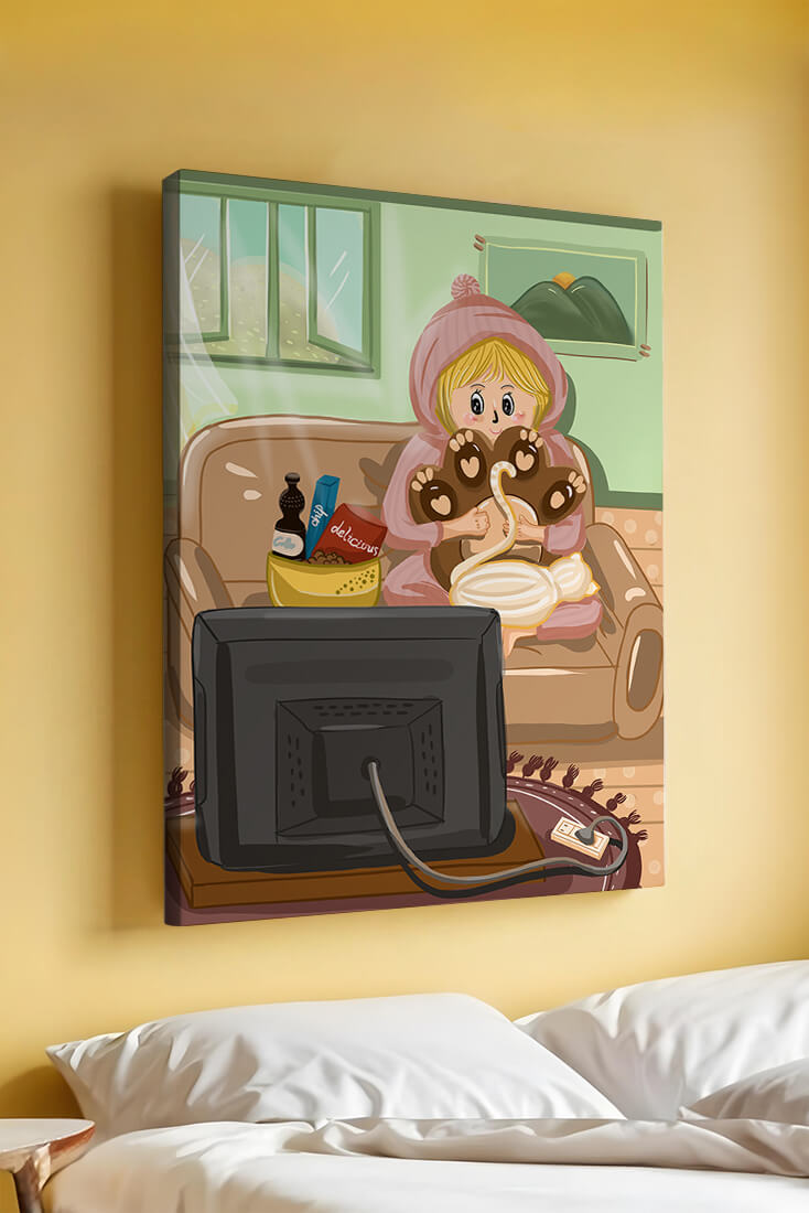 Cozy cartoon scene: person with cat and snacks on a sofa