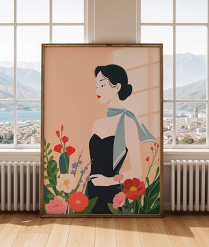 Elegant Woman with Floral Background and Scarf