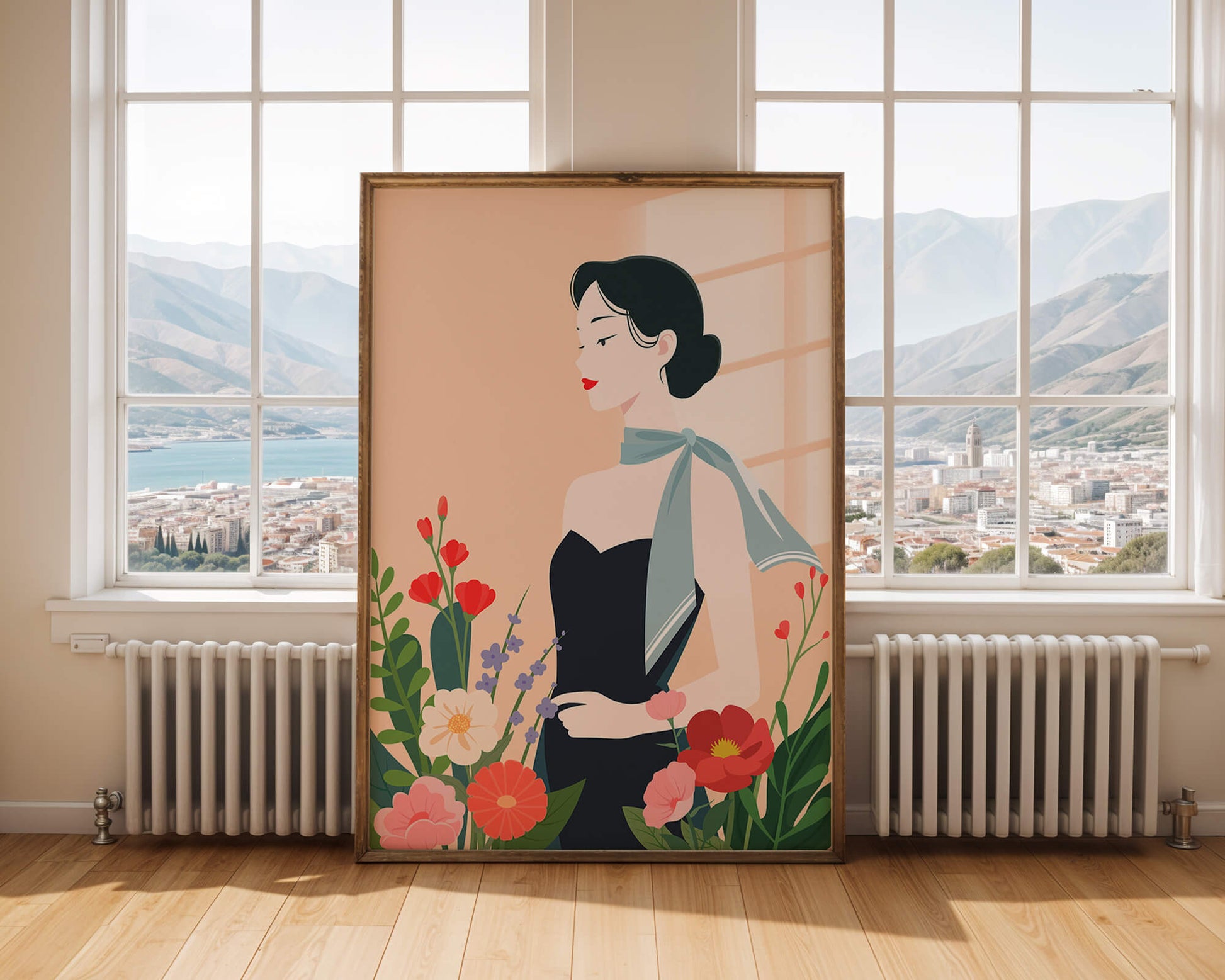 Mujer elegante con fondo floral y bufanda