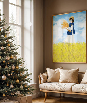 Young girl in a wheat field on a sunny day illustration