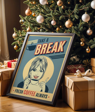 Retro Coffee Break Poster with Woman Holding a Cup - Mi tienda