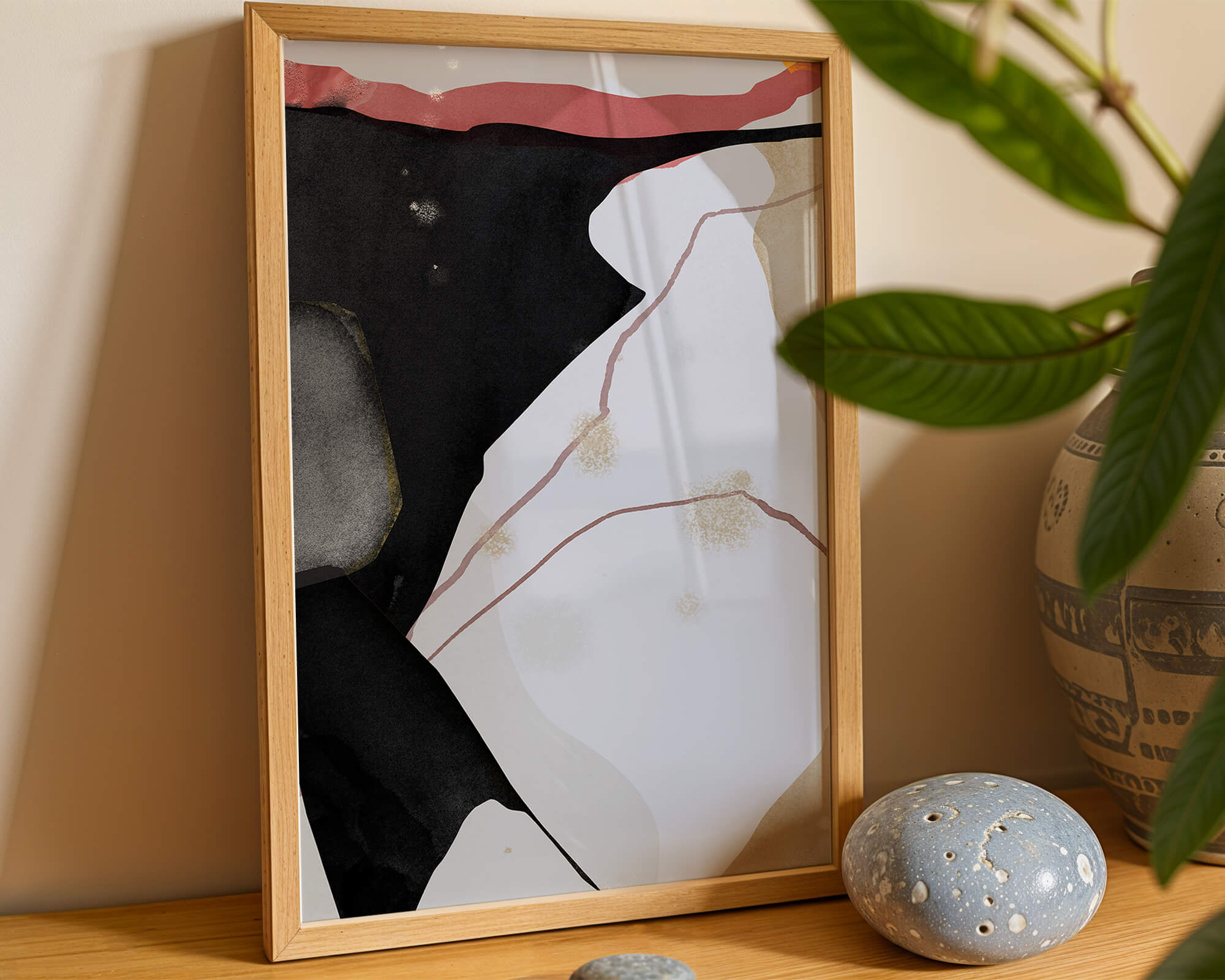 Abstract Composition with Bold Black and Subtle Gold Accents