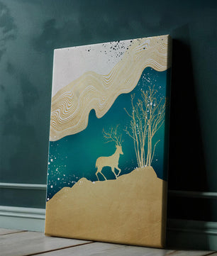 Elegante abstrakte Kunst mit goldenem Hirsch und Naturthema