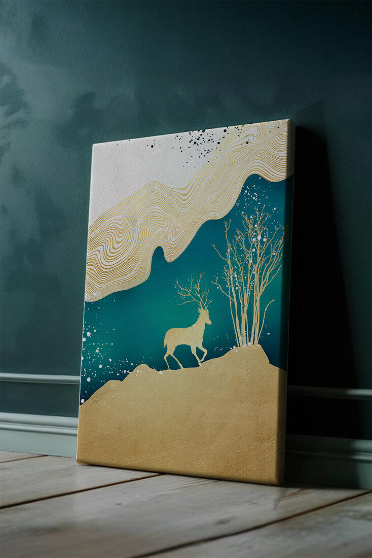 Elegante arte abstracto con ciervos dorados y temática de naturaleza.