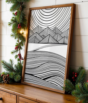 Abstract Black and White Geometric Landscape with Line Art