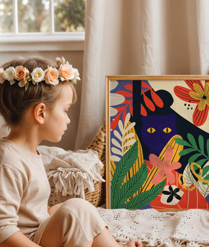 Ilustración abstracta colorida con un gato y patrones florales