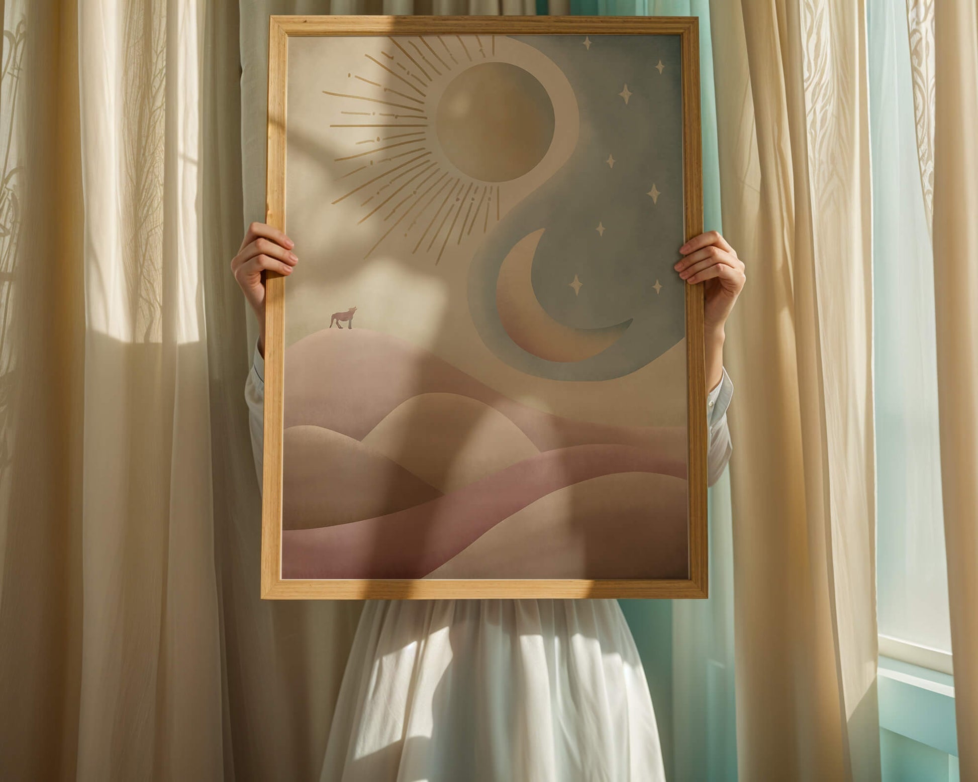 Minimalist landscape with sun, moon, and wolf in pastel hues