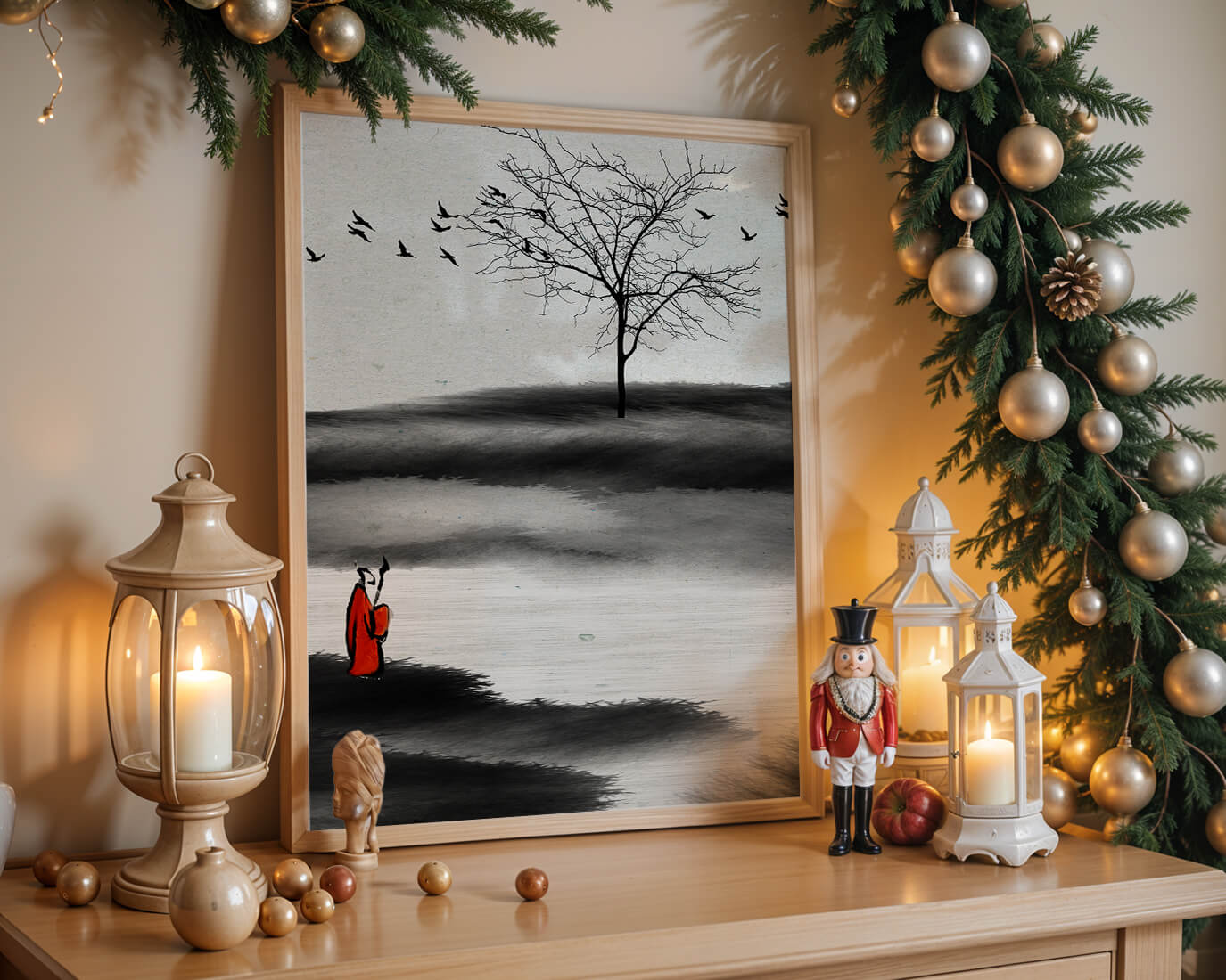 Contemplative Monk with Birds and Bare Tree in Serene Landscape