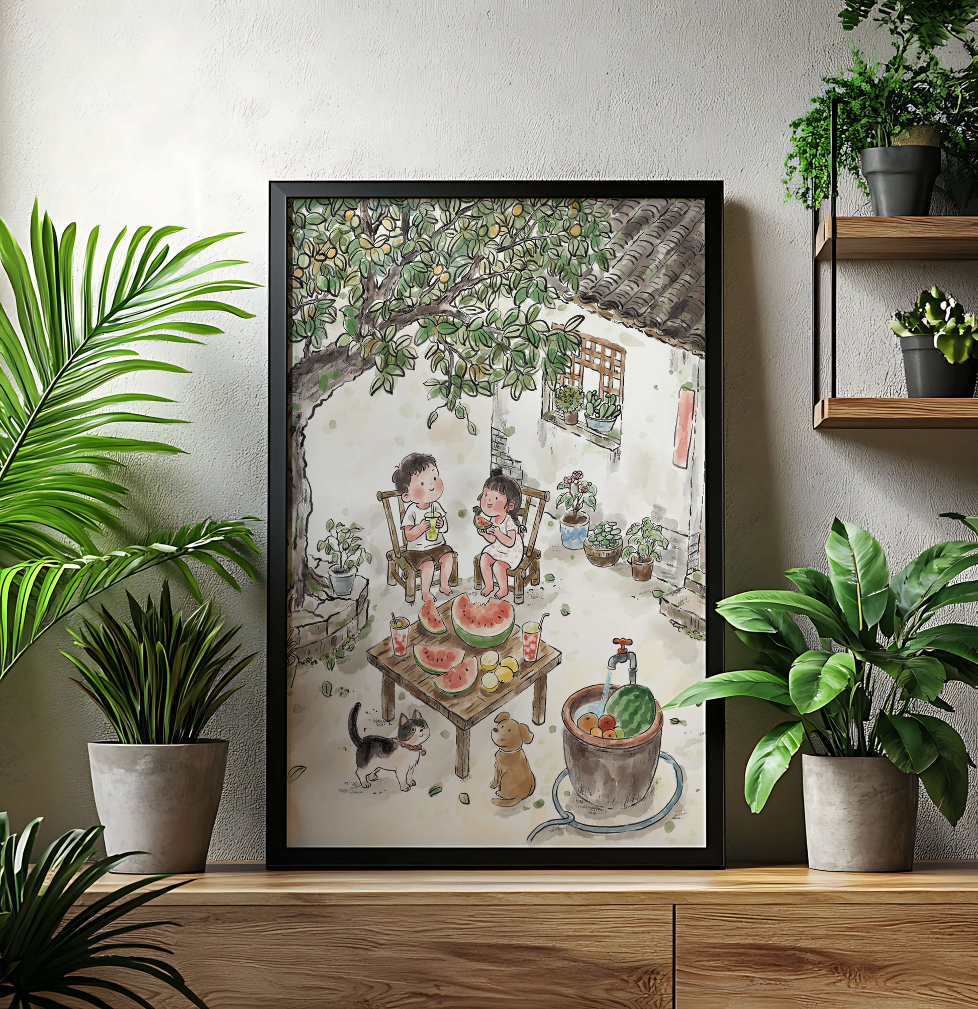 Encuentro acogedor en el patio trasero de verano con sandía y mascotas