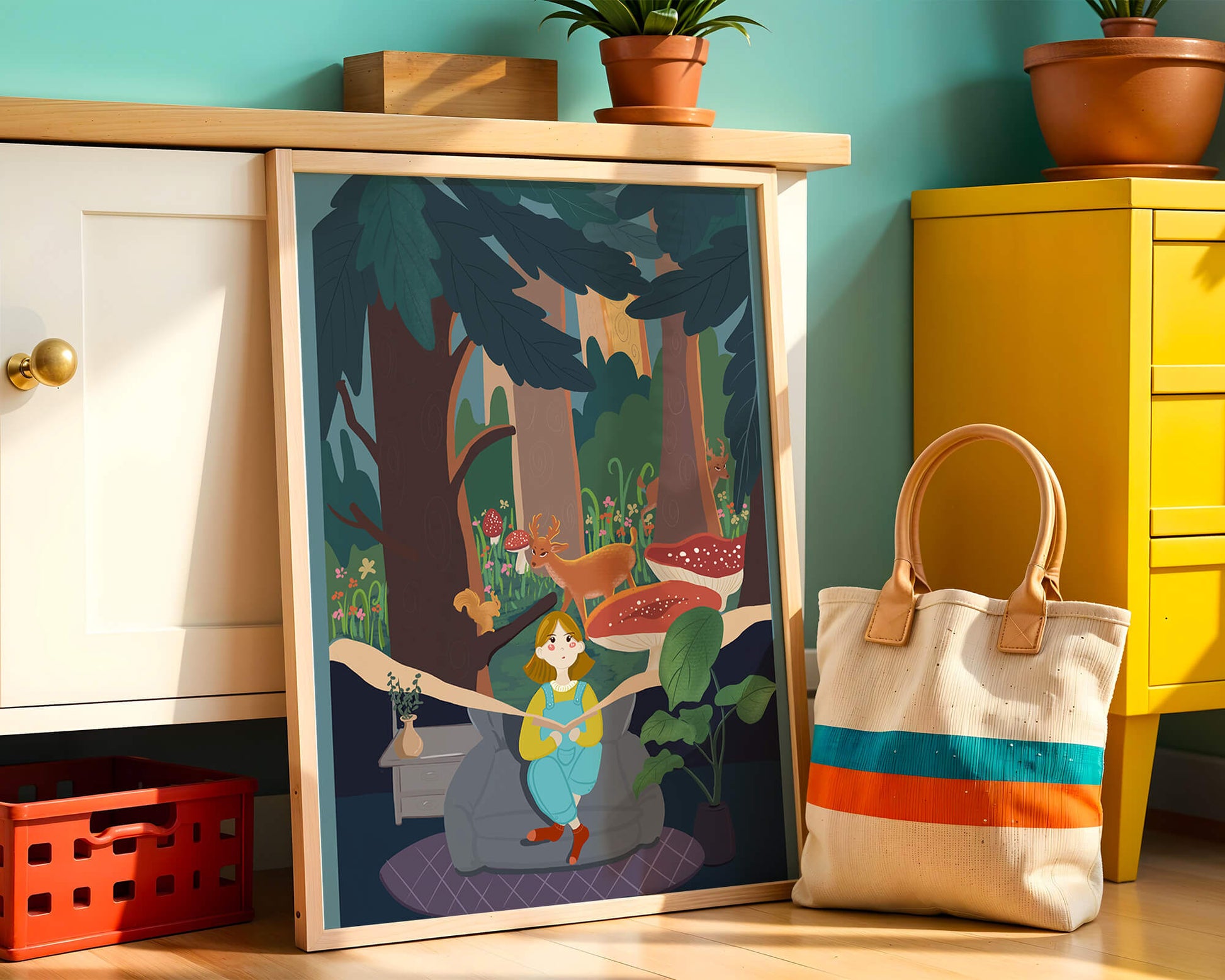 Figura femenina pacífica con criaturas del bosque y vegetación verde exuberante