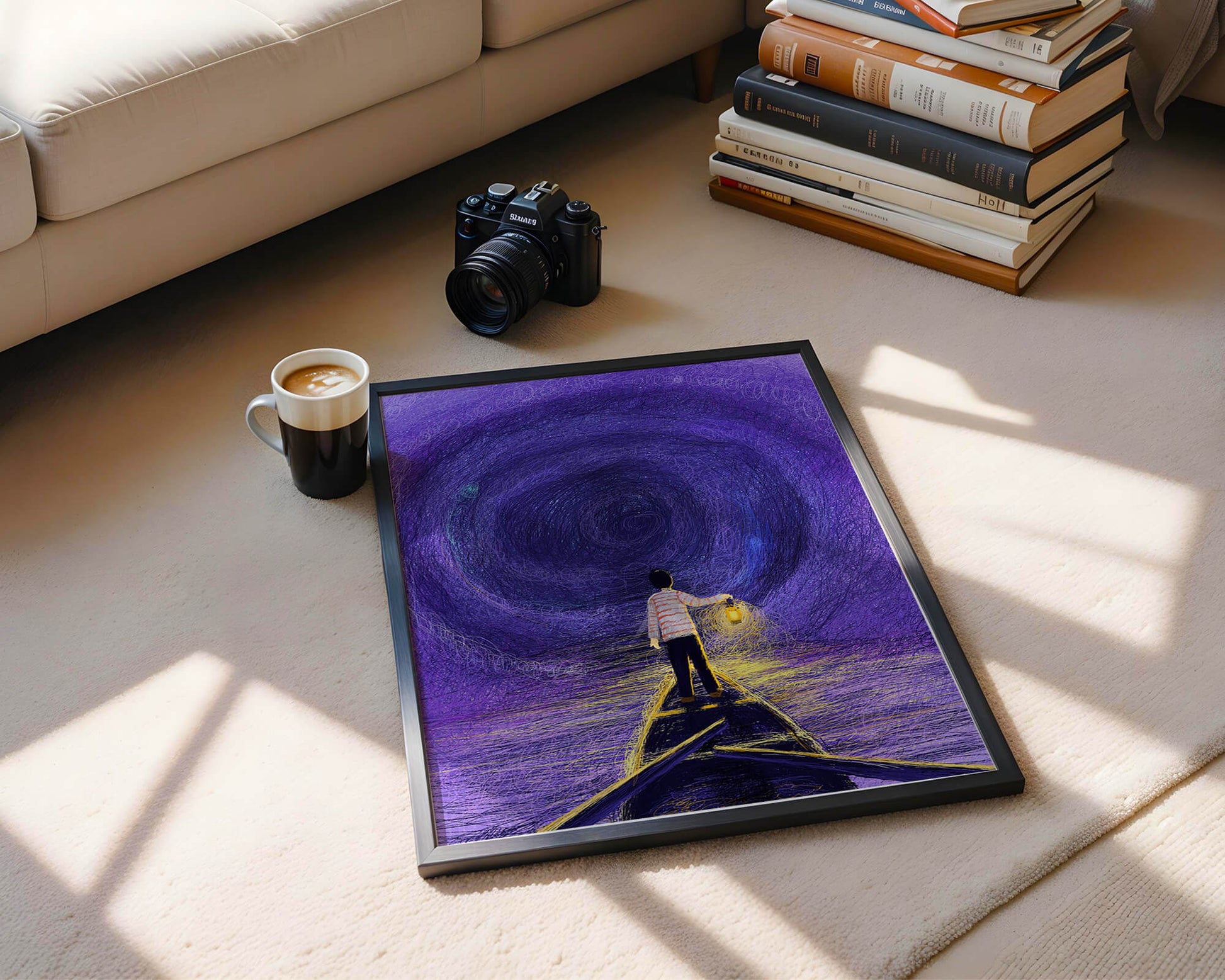 A boy holding a lantern on a boat in a swirling purple vortex