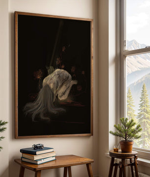 Abstract depiction of a figure surrounded by floral elements