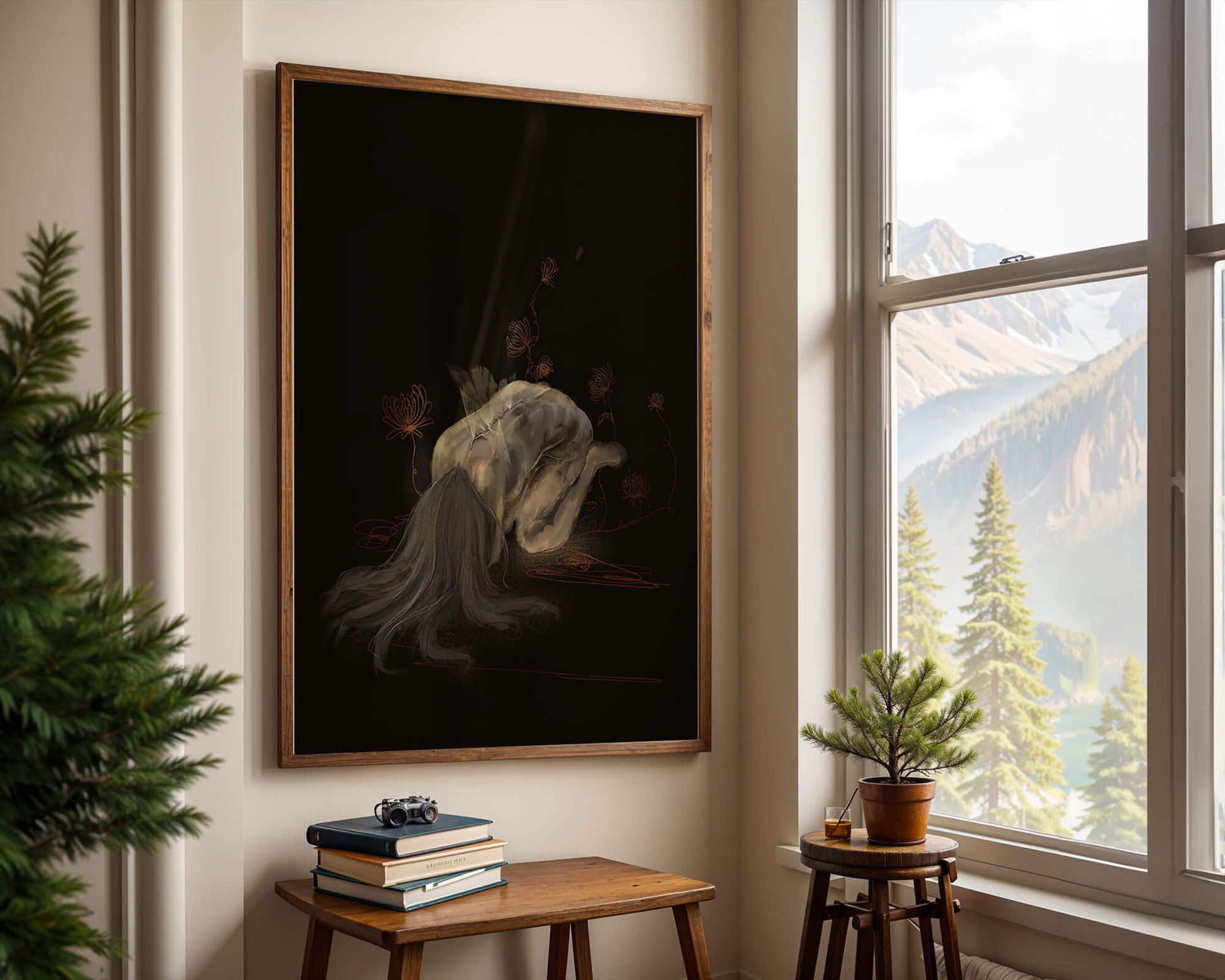 Abstract depiction of a figure surrounded by floral elements