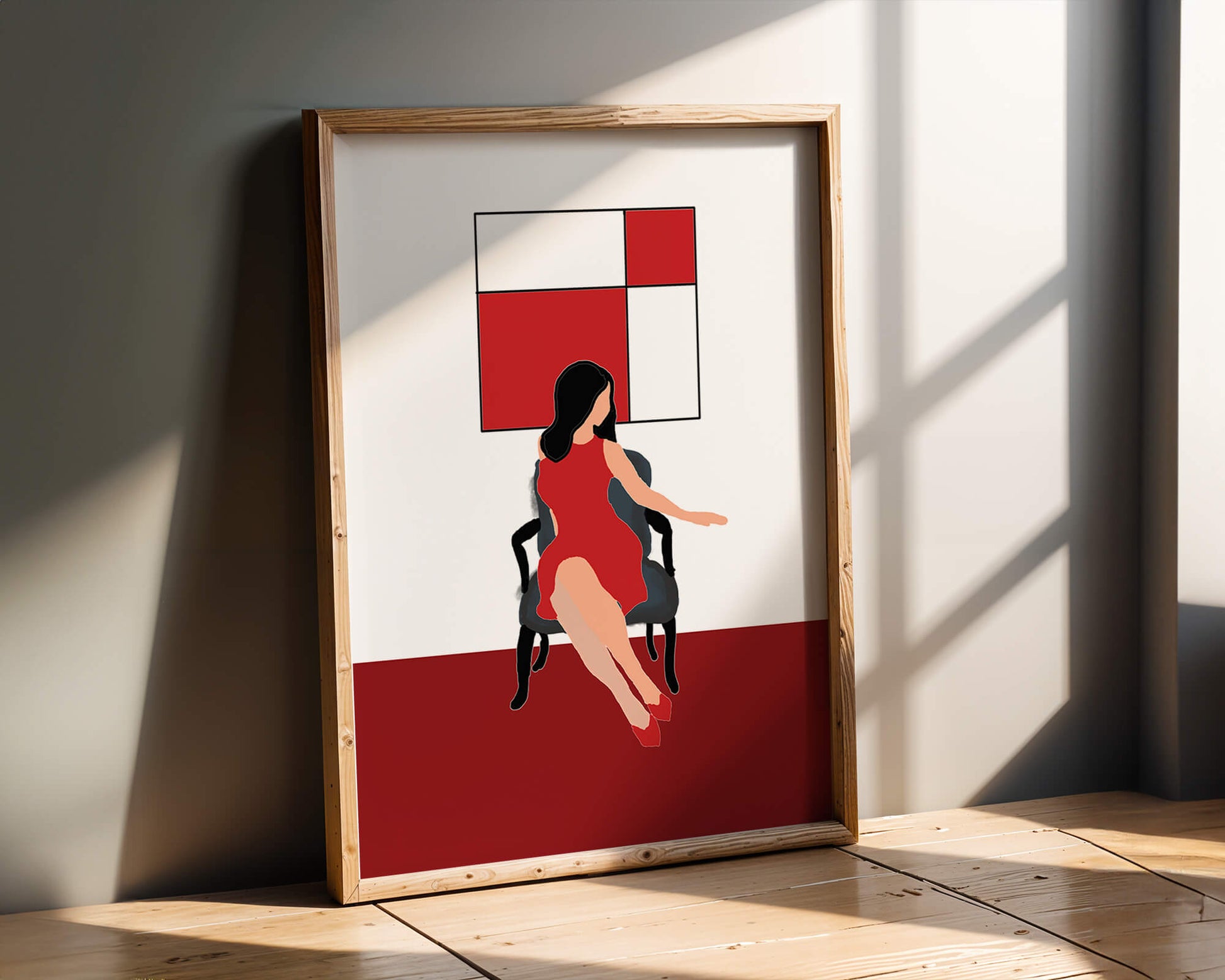 Mujer abstracta en vestido rojo sentada en una silla con arte geométrico en la pared