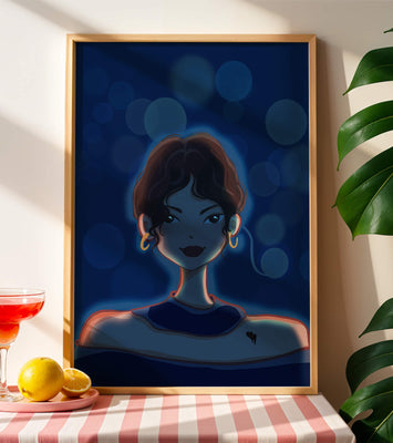 Illustration of a woman with bokeh lights and stylish earrings