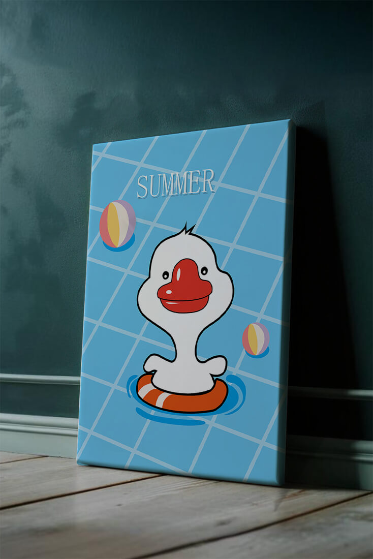 Cartoon duck swimming in a pool with summer beach elements