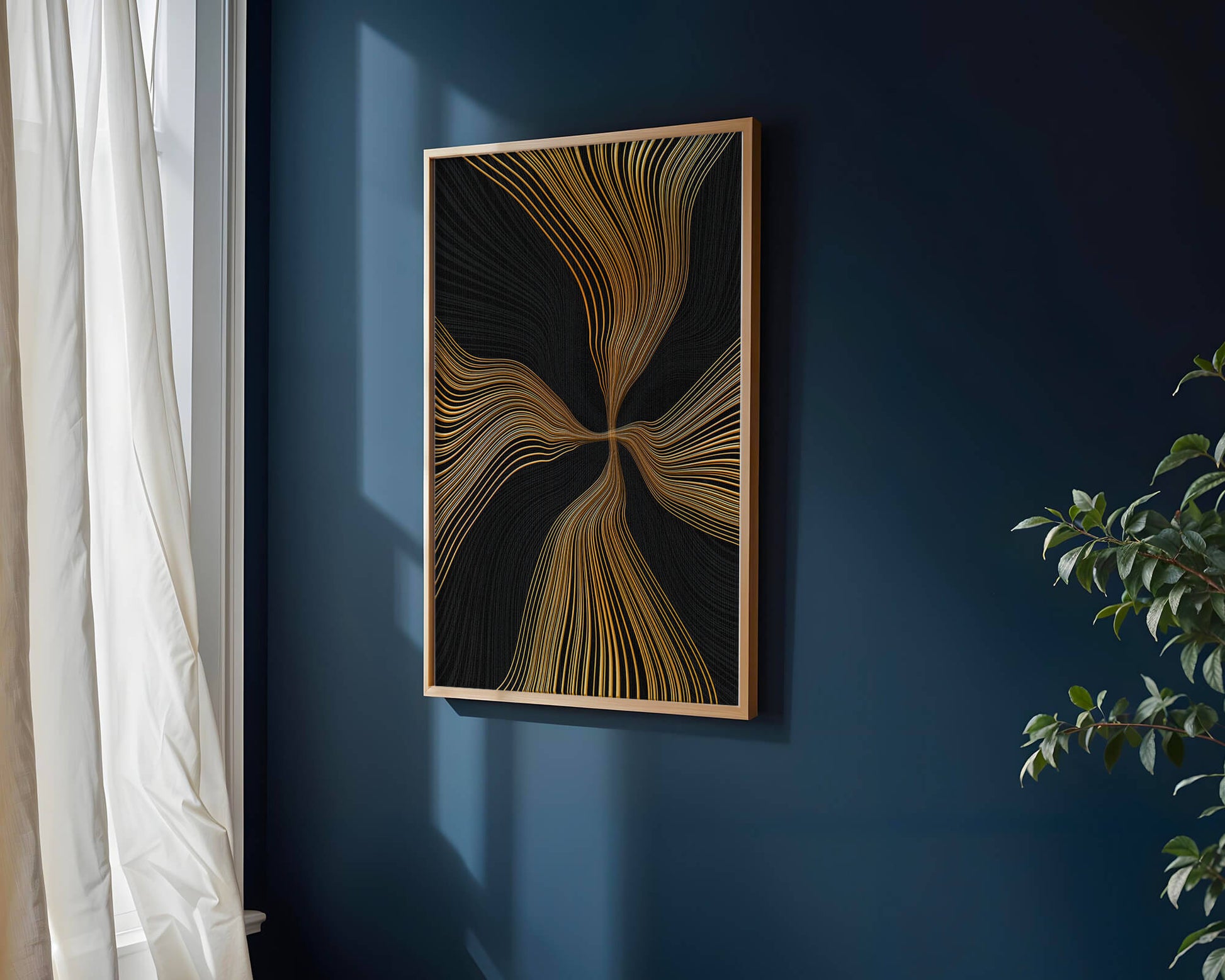 Líneas doradas abstractas sobre fondo negro con flujo dinámico