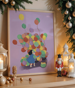 Bunte Luftballons mit einem Kind und einer Katze auf violettem Hintergrund