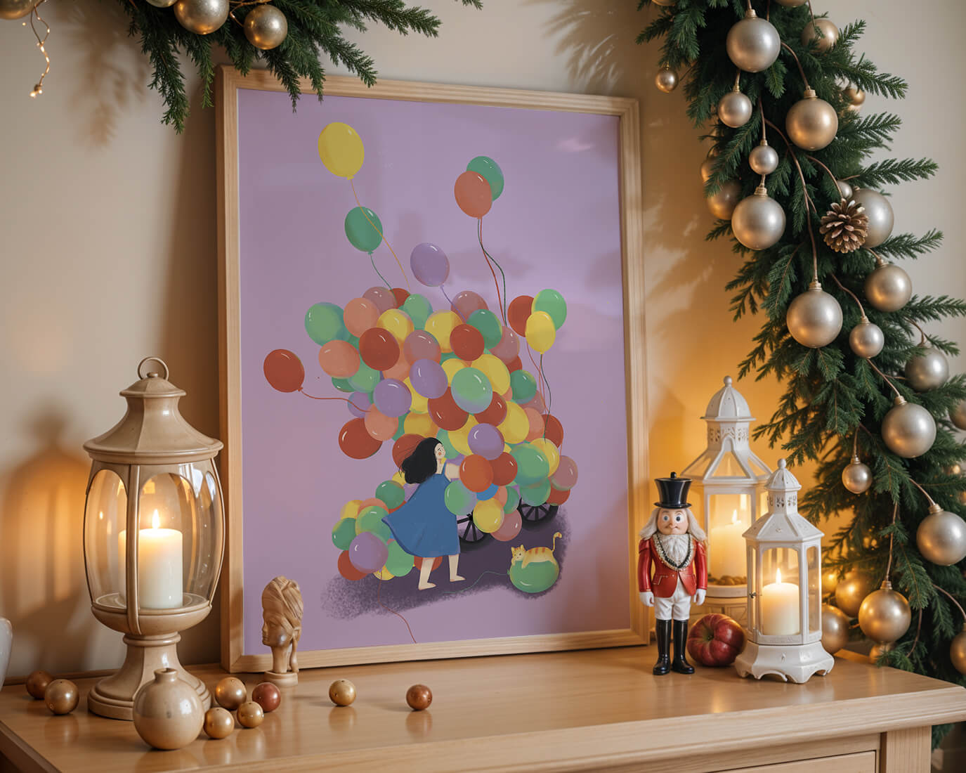 Bunte Luftballons mit einem Kind und einer Katze auf violettem Hintergrund
