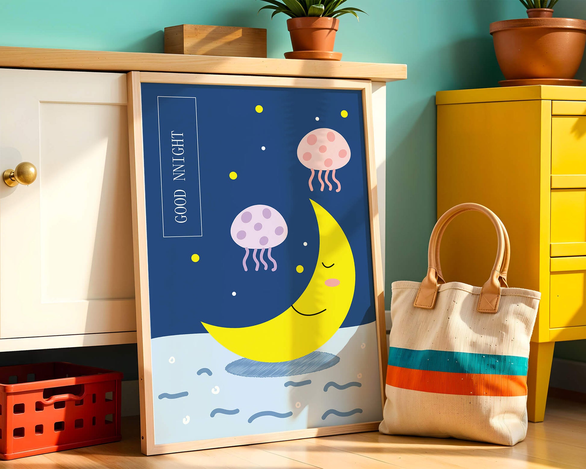 Whimsical night scene with a smiling moon and playful jellyfish