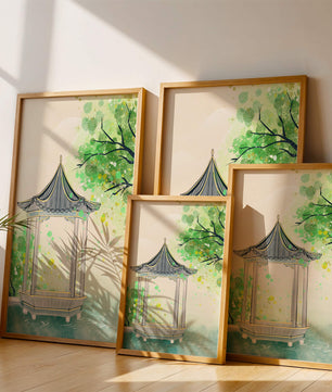 Serene garden pavilion amidst lush green trees and calm waters