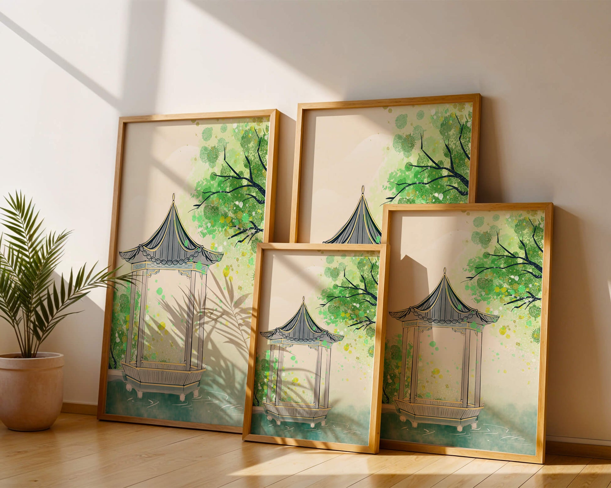Serene garden pavilion amidst lush green trees and calm waters
