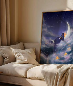 Cielo nocturno soñador con una niña sentada en una luna creciente rodeada de estrellas