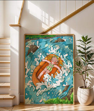 Adventurous raft ride down a vibrant cartoon river with character