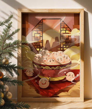 Dumplings de dibujos animados encantadores en un cuenco decorativo en medio de la niebla