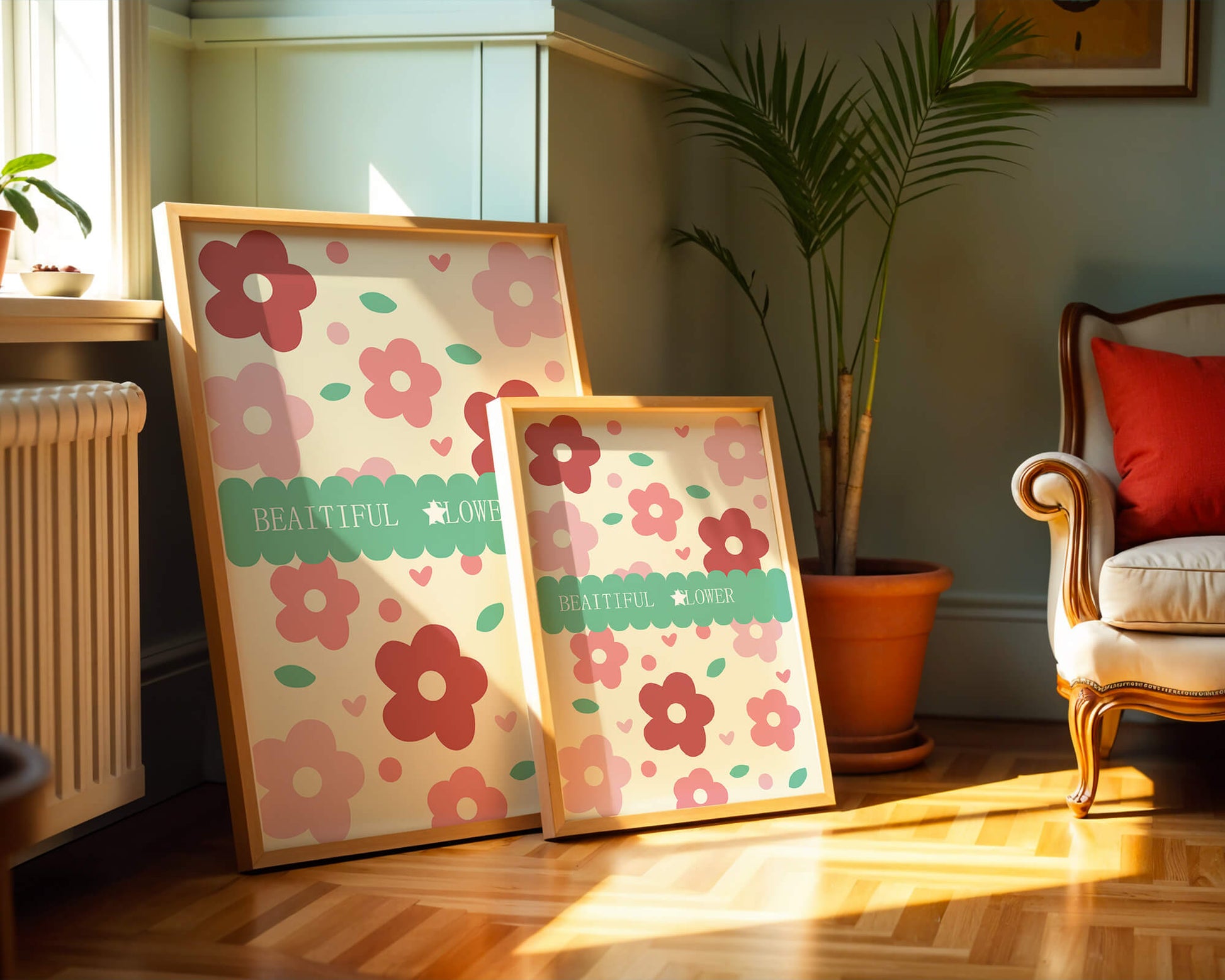 Floral pattern with retro color design and decorative text