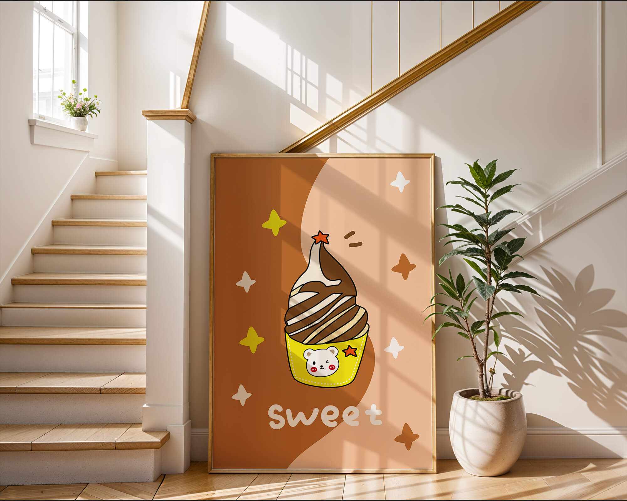 Adorable ice cream design with kawaii bear and colorful background