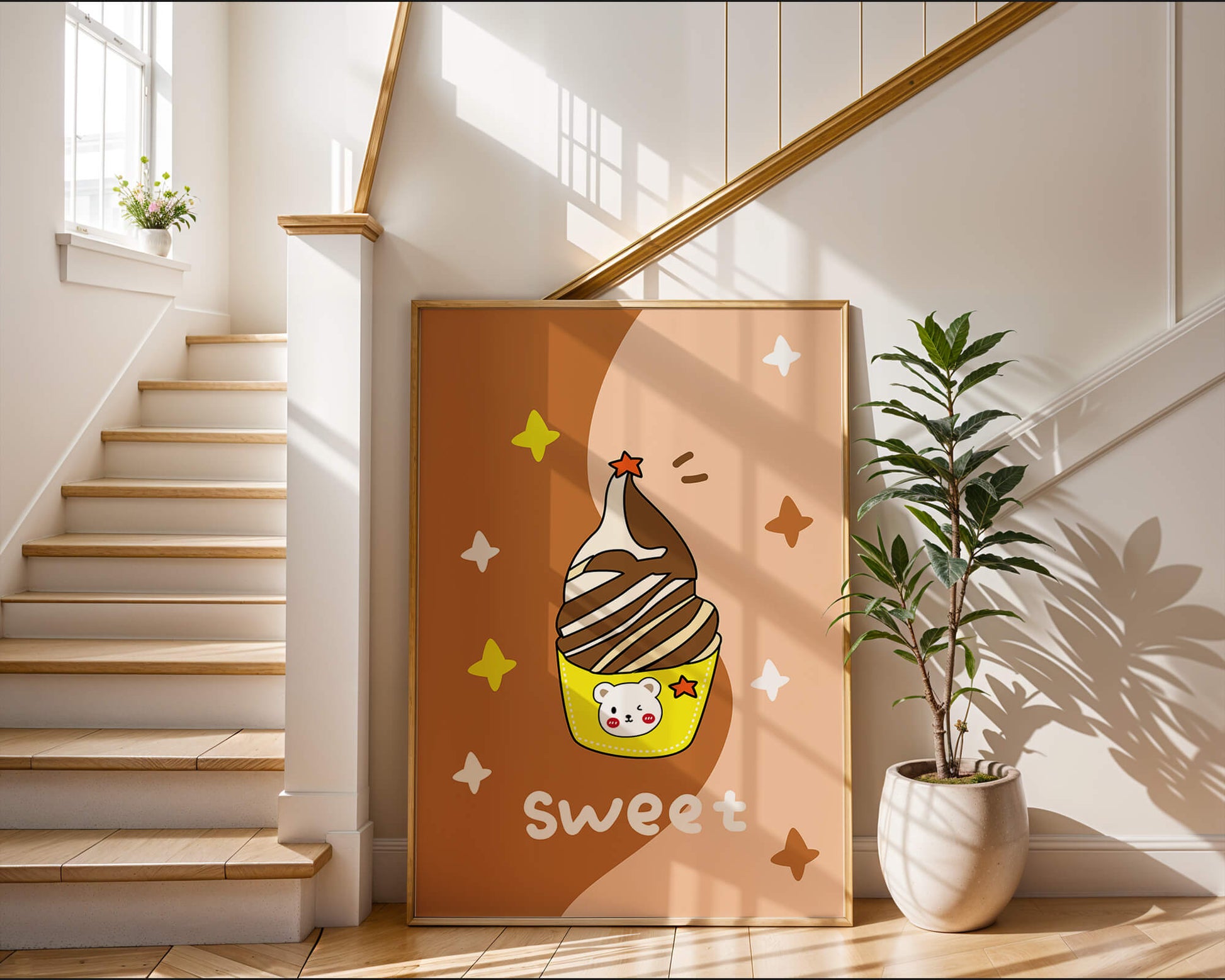 Adorable ice cream design with kawaii bear and colorful background
