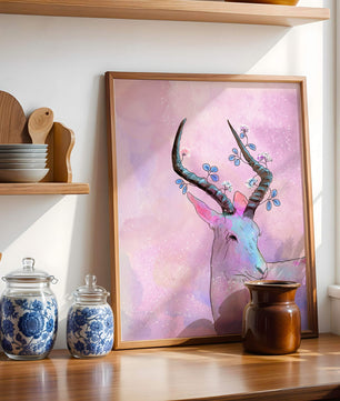 Pastel watercolor illustration of antelope with floral horns
